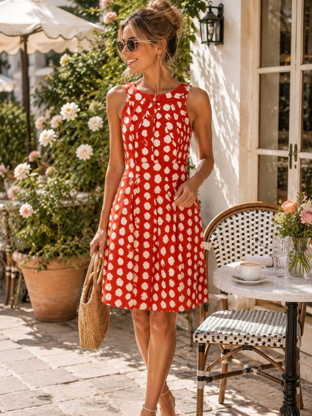 Eliza J Orange/Red Printed Midi Dress Lined Pockets Gold Belt Ivory Belt Sz. 10